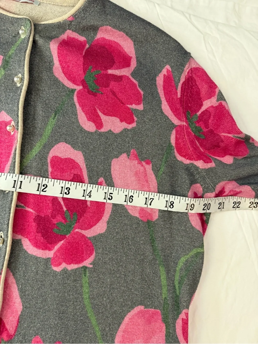 FRANCES VALENTINE Darling Cardigan Dutch Tulip Gray Pink Floral Sweater S - Picture 11 of 14